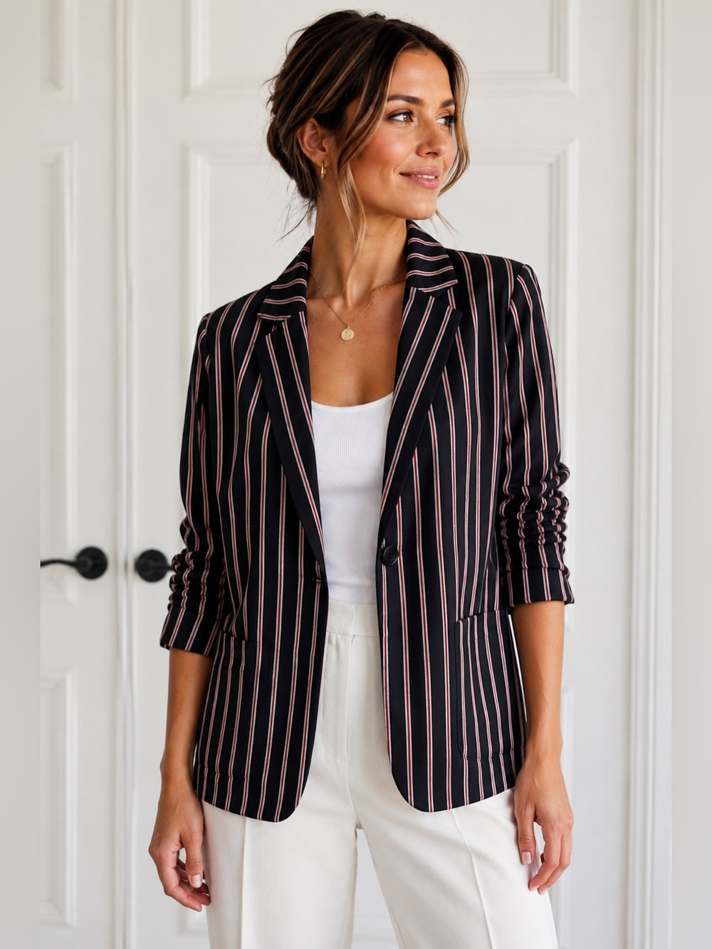 Max Studio Striped Ruched Sleeve Blazer Black Red White Size L